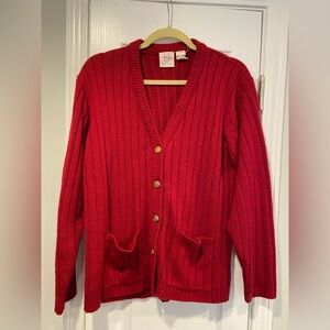 VTG Liz Thomas Size L Red Ribbed Knit Gold Button V Neck Cardigan Sweater